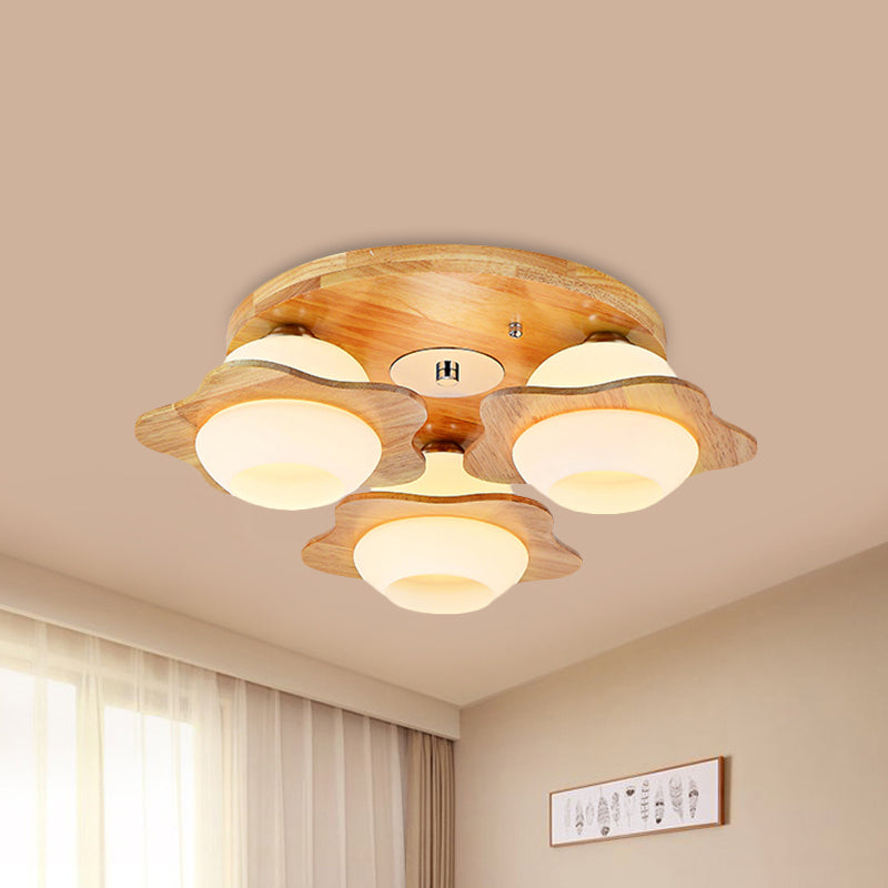 Trapped Floral Wood Flush Mount Modernist 3/5 Lights Beige Flush Lamp Fixture with Ball Frosted Glass Shade