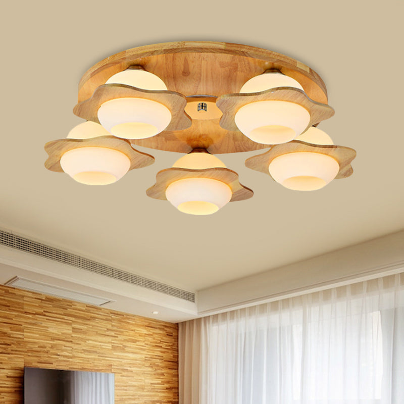Trapped Floral Wood Flush Mount Modernist 3/5 Lights Beige Flush Lamp Fixture with Ball Frosted Glass Shade