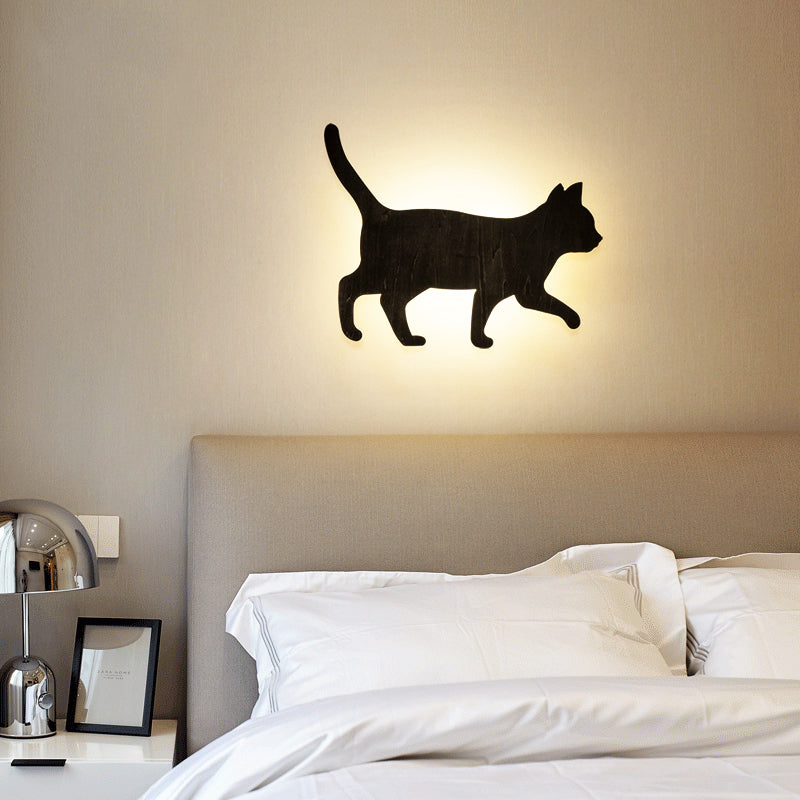 Kitten Kid Bedroom Hallway Sconce Light Wood Animal LED Wall Sconce in Black Finish