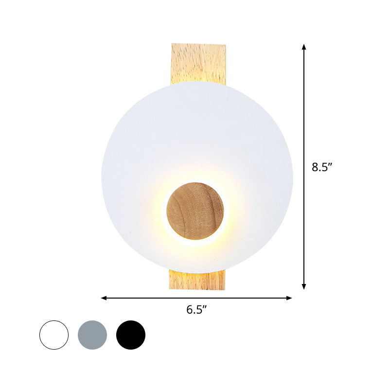 Black/Grey/White Disk Wall Light Fixture Minimalist LED Metal Sconce with Wood Backplate for Bedroom