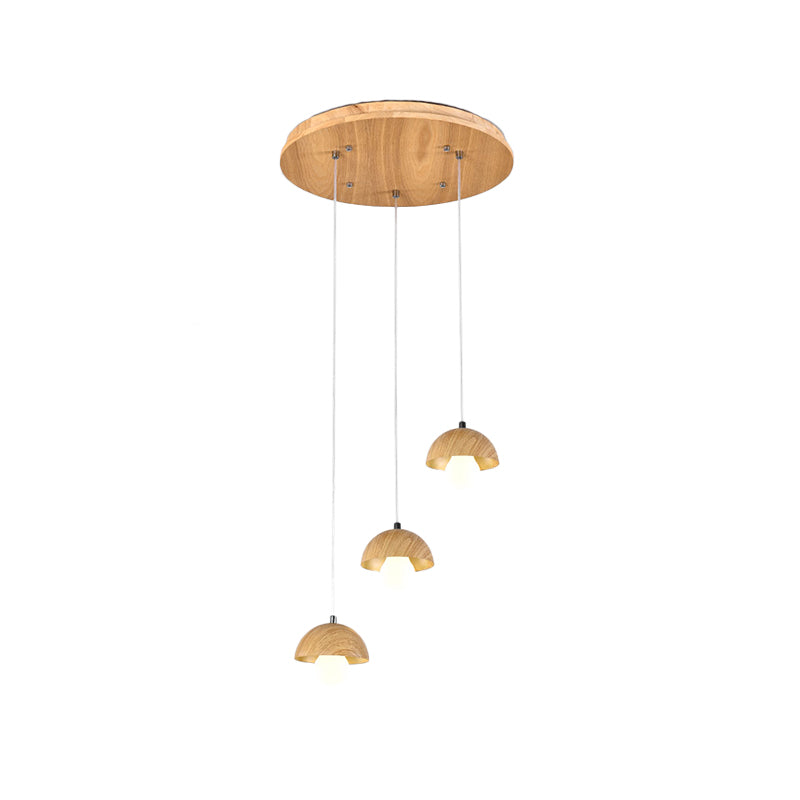 Wood Dome Multi Light Pendant Chandelier Modern 3 Bulbs Beige Hanging Ceiling Lamp