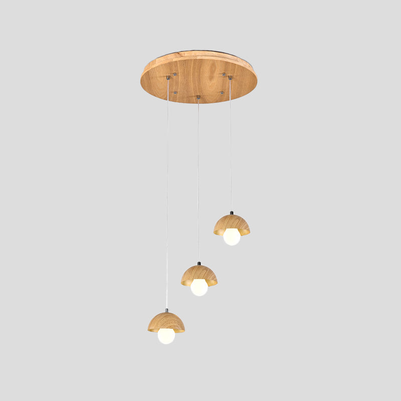 Wood Dome Multi Light Pendant Chandelier Modern 3 Bulbs Beige Hanging Ceiling Lamp