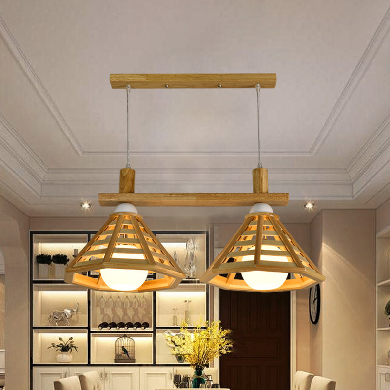 Pullos moderniste 2 bulbes multiples suspendus à la pendante de cage à cage beige léger à la cage beige avec nuance en bois