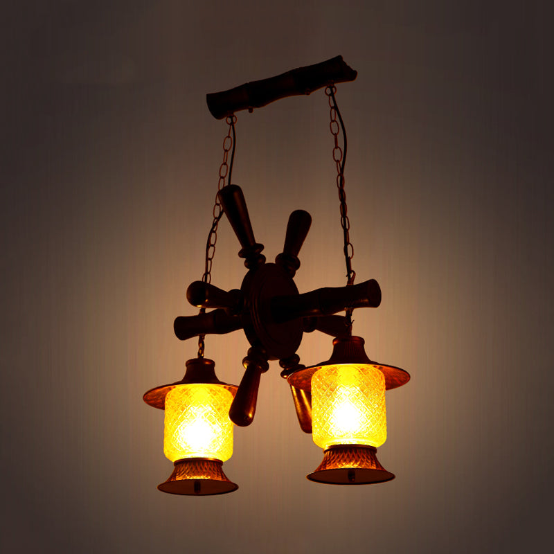 Lampe à lustre de kérosène d'usine 2 lumières de la grille jaune en verre pendant plafond plafond en cuivre avec conception de gouvernail de bois