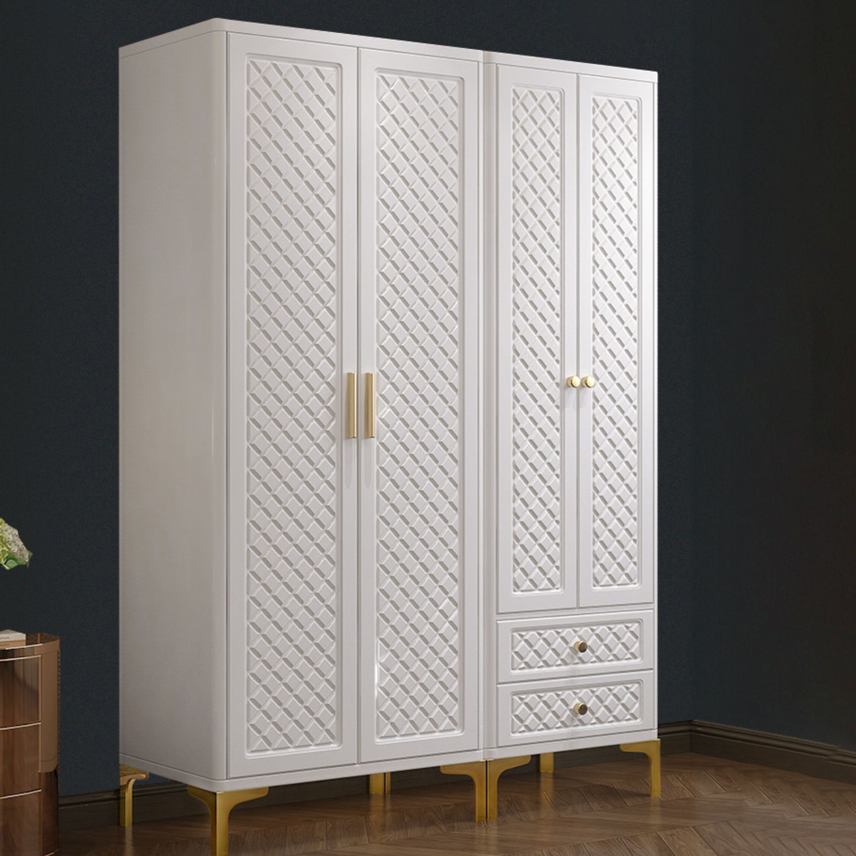 Engineered Wood Wardrobe Cabinet Glam Style Soft Close Doors Wardrobe Closet in White