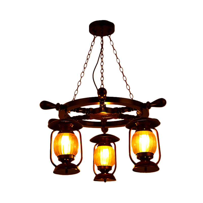 3 Bulbs Kerosene Chandelier Light Antiqued Style Copper Finish Yellow Glass Pendant Lamp with Wood Rudder Design