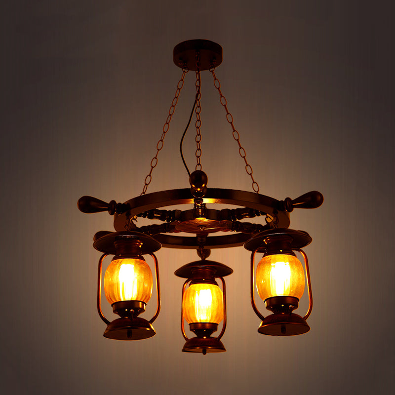 3 Bulbs Kerosene Chandelier Light Antiqued Style Copper Finish Yellow Glass Pendant Lamp with Wood Rudder Design