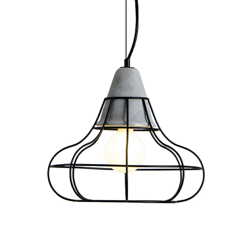 Industrial Cylinder/Dome/Arc Cage Pendant 1 Bulb Iron Hanging Light Kit in Black with Cement Cap