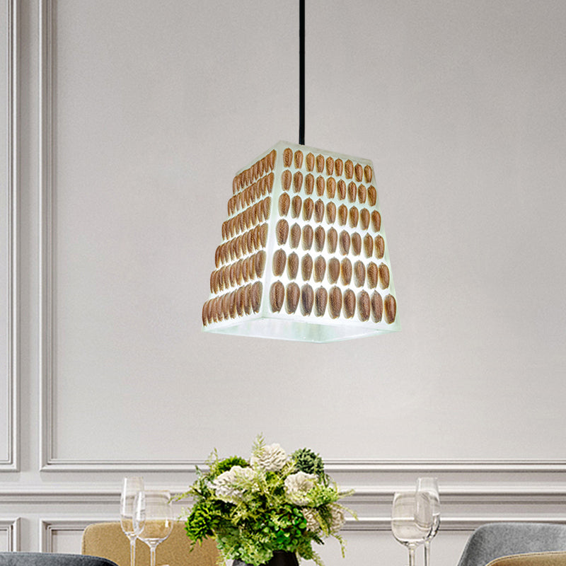 Brown 1-Head Hanging Light Kit Industrial Resin Trapezoid Pendant Lamp with Conch Deco