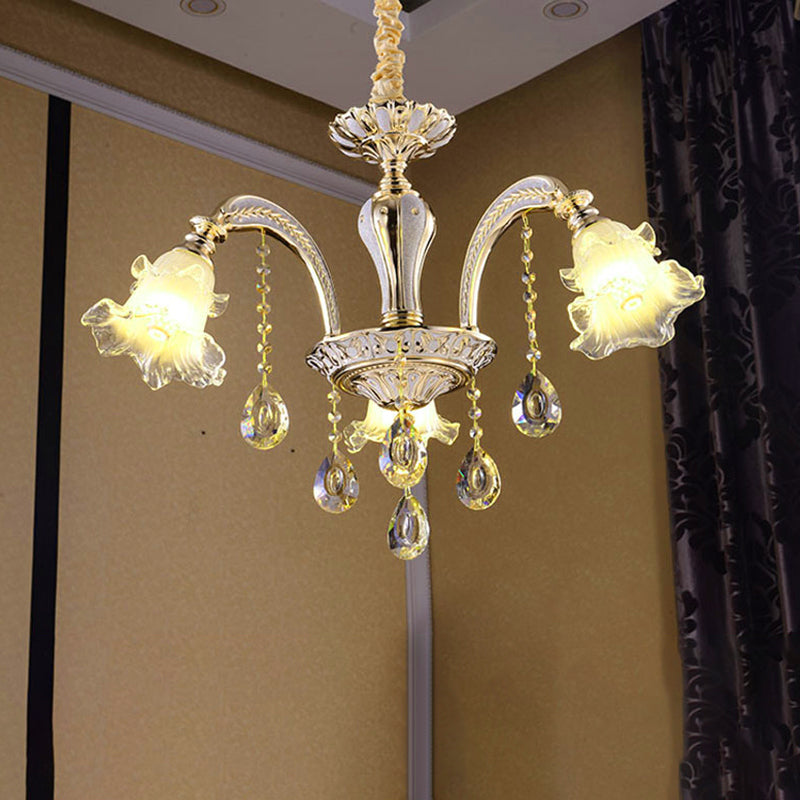 Gold 3/6-Light Ceiling Chandelier Traditional Crystal Stand Suspension Lighting with Floral Frosted Glass Shade
