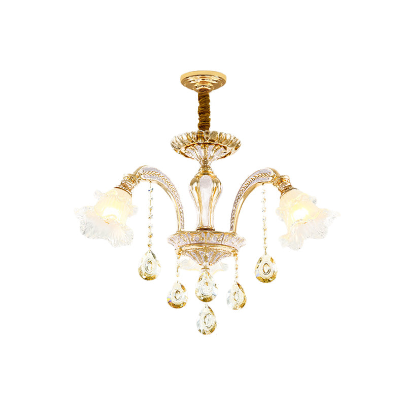 Gold 3/6-Light Ceiling Chandelier Traditional Crystal Stand Suspension Lighting with Floral Frosted Glass Shade