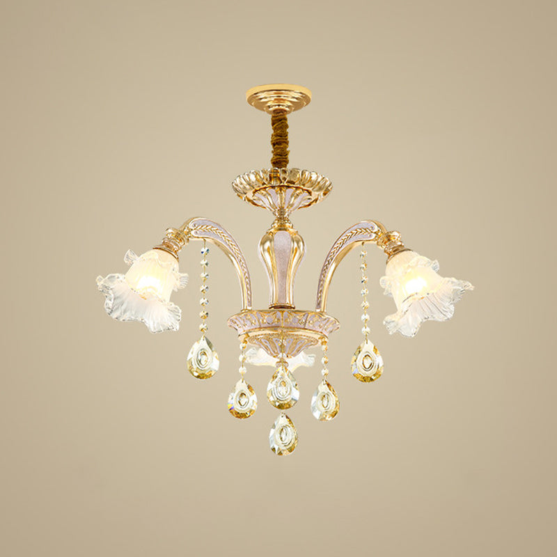 Gold 3/6-Light Ceiling Chandelier Traditional Crystal Stand Suspension Lighting with Floral Frosted Glass Shade