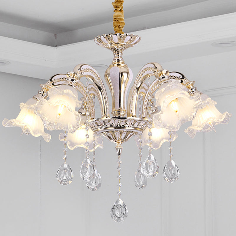 Gold 3/6-Light Ceiling Chandelier Traditional Crystal Stand Suspension Lighting with Floral Frosted Glass Shade