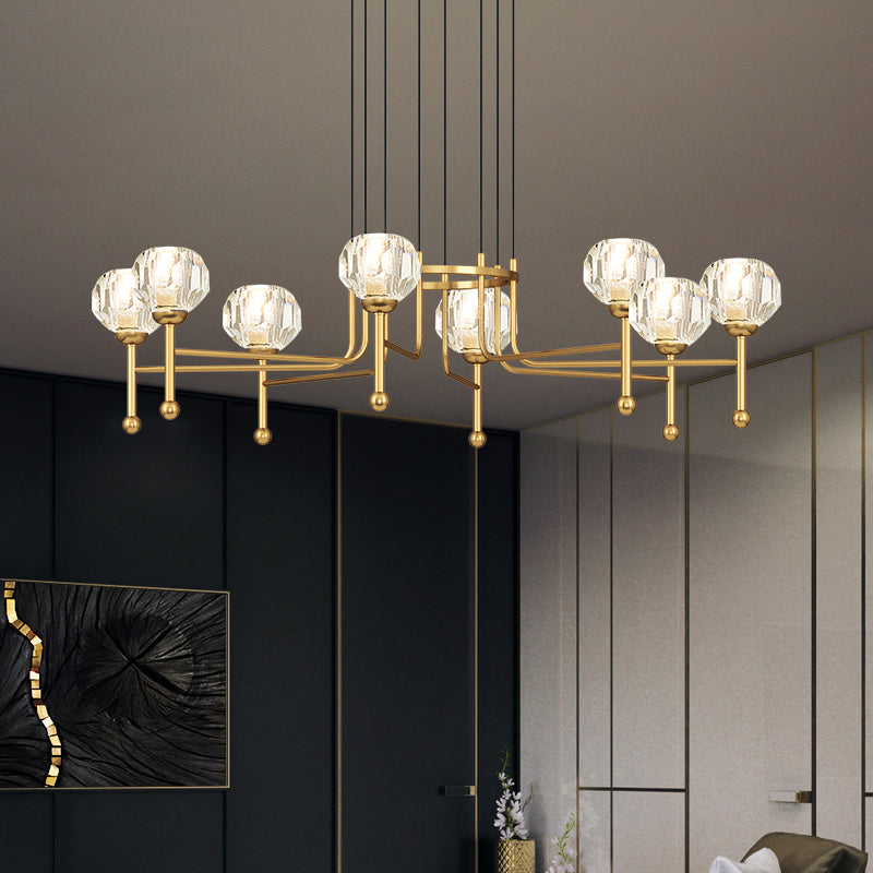 Crystal Brass Multi Ceiling Light Diamond 6/8-Bulb 27"/31" Wide Modernist LED Pendant Lamp Kit