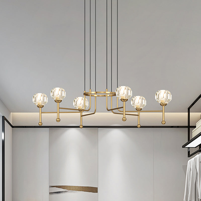 Crystal Brass Multi Ceiling Light Diamond 6/8-Bulb 27"/31" Wide Modernist LED Pendant Lamp Kit
