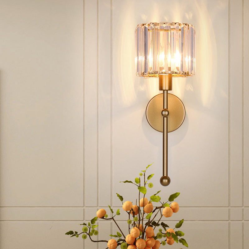 Modern Metal Wall Sconce Cylinder Shape Vanity Lamp with Crystal Shade for Bathroom