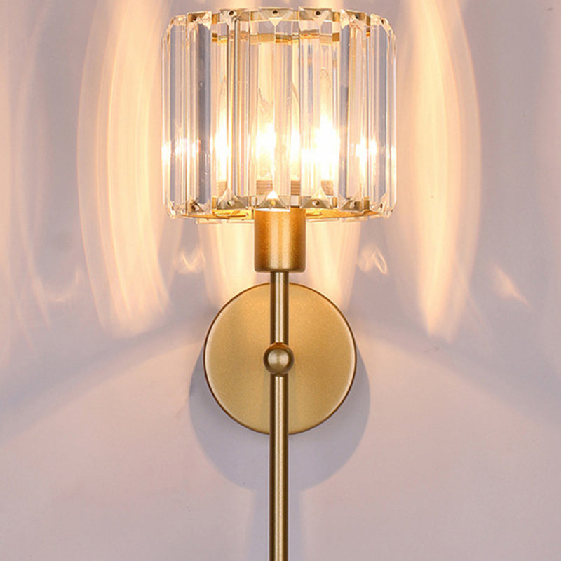 Modern Metal Wall Sconce Cylinder Shape Vanity Lamp with Crystal Shade for Bathroom