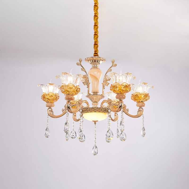 Sospensione del soggiorno floreale Lumo contemporaneo in vetro trasparente Crystal 6 lampadina lampadina in oro rosa