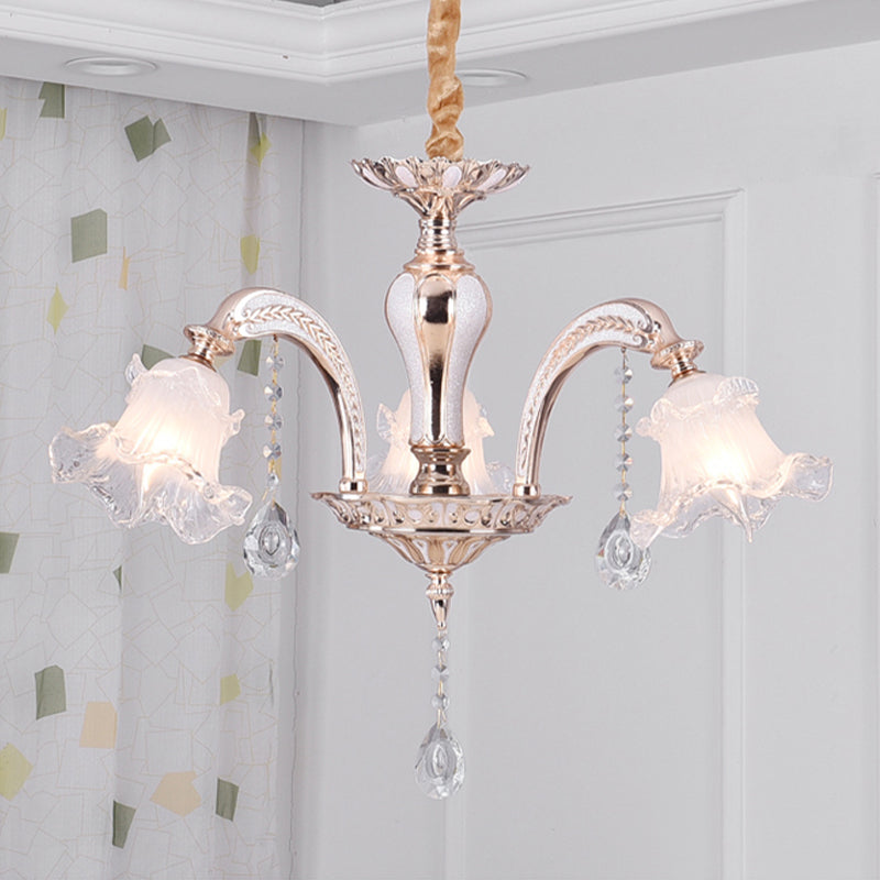 3/6 Heads Floral Ceiling Chandelier Traditional Gold Crystal Hanging Pendant Lamp for Bedroom