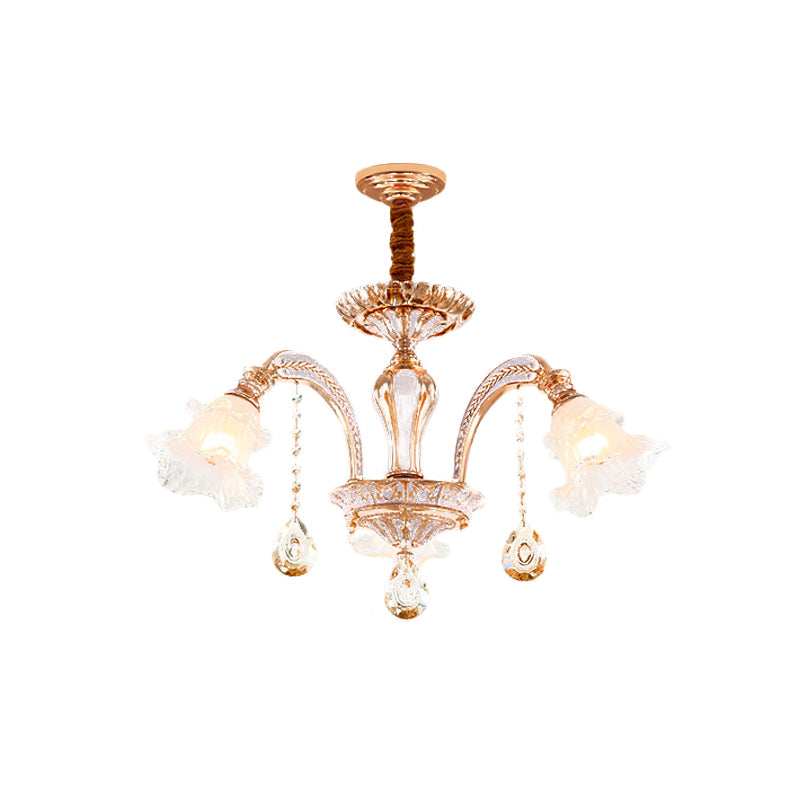 3/6 Heads Floral Ceiling Chandelier Traditional Gold Crystal Hanging Pendant Lamp for Bedroom