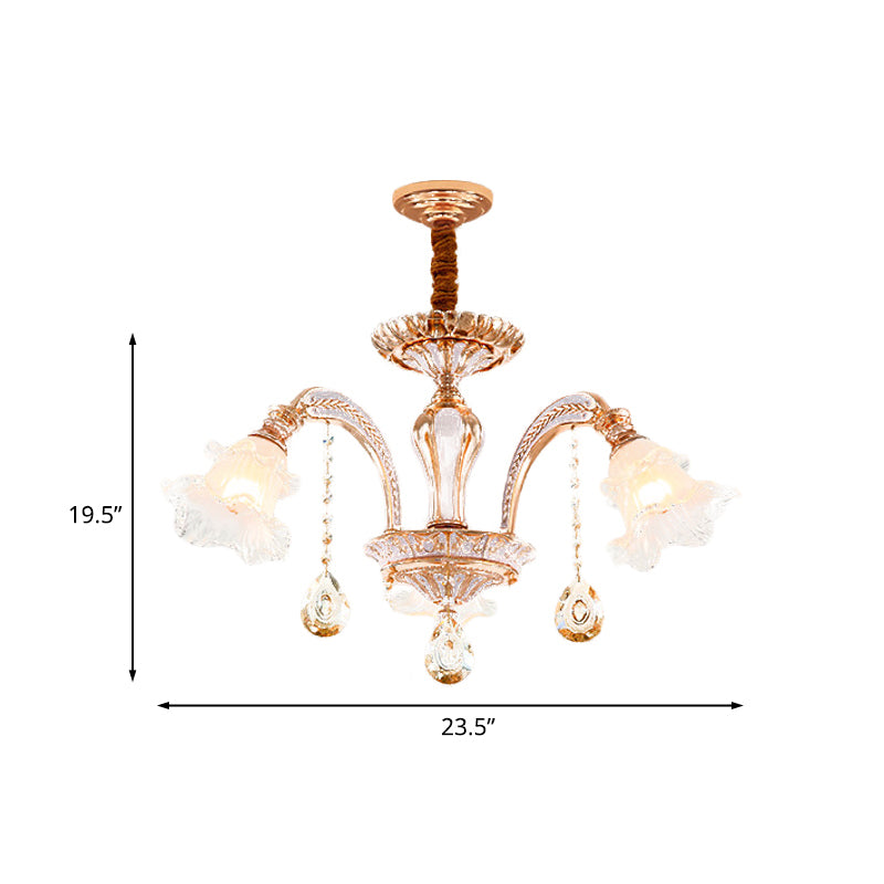 3/6 Heads Floral Ceiling Chandelier Traditional Gold Crystal Hanging Pendant Lamp for Bedroom