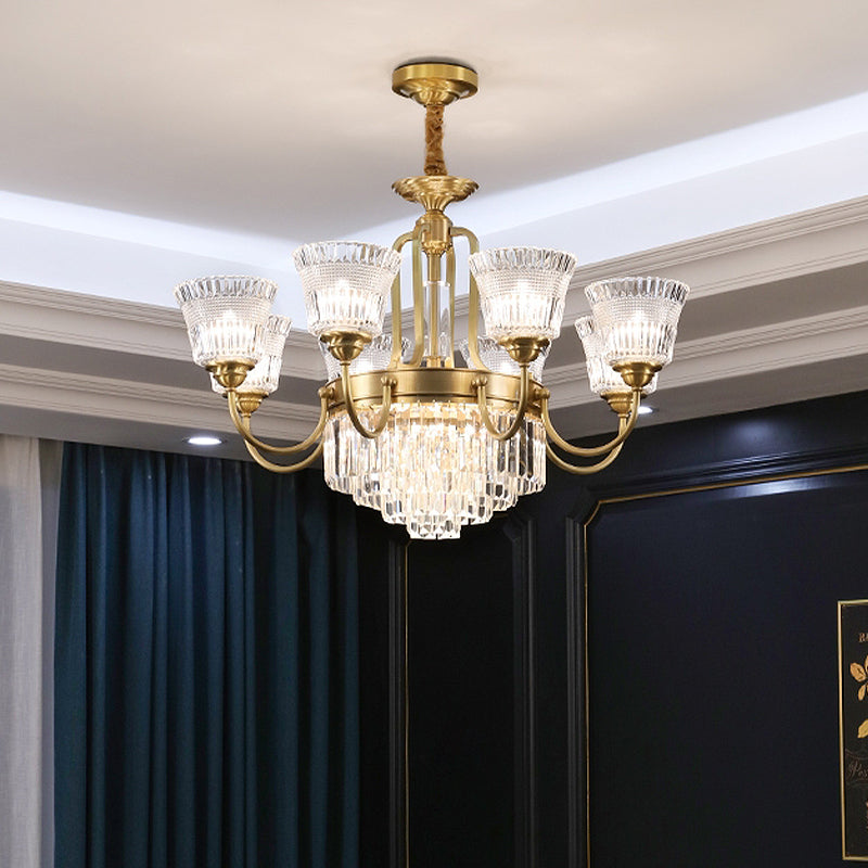 Lampada a ciondolo in cristallo in vetro a campana tradizionale tradizionale soggiorno a 6/8 a testa in ottone in ottone