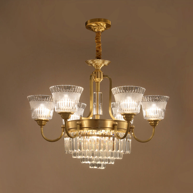 Lampada a ciondolo in cristallo in vetro a campana tradizionale tradizionale soggiorno a 6/8 a testa in ottone in ottone