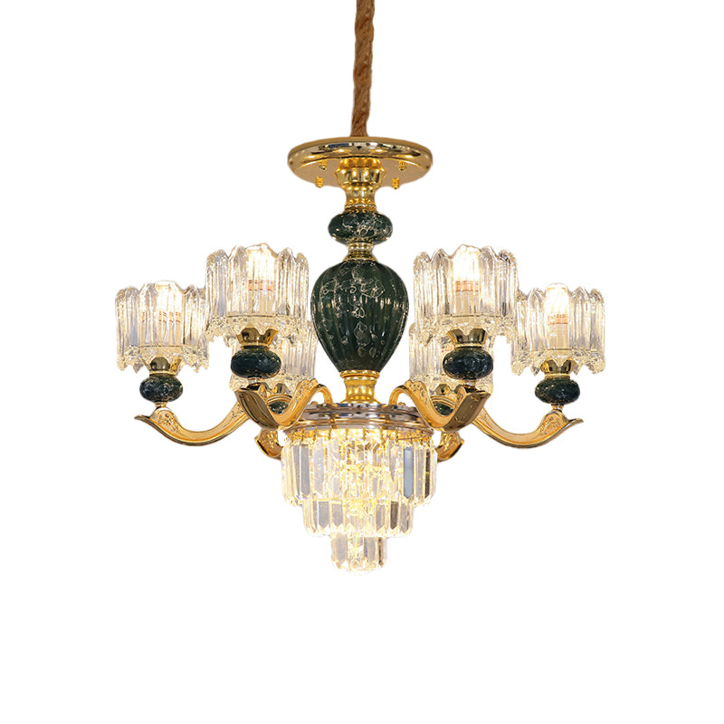 Traditional Urn Hanging Chandelier 6 Bulbs Crystal Hanging Ceiling Lamp in Red/Green with Drum Shade