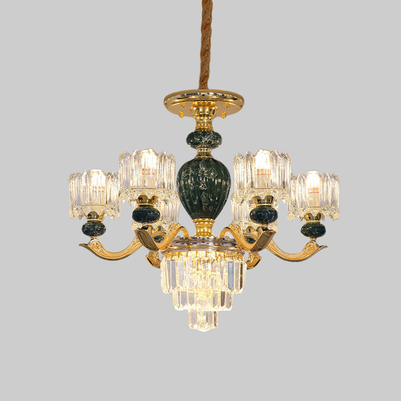 Traditional Urn Hanging Chandelier 6 Bulbs Crystal Hanging Ceiling Lamp in Red/Green with Drum Shade