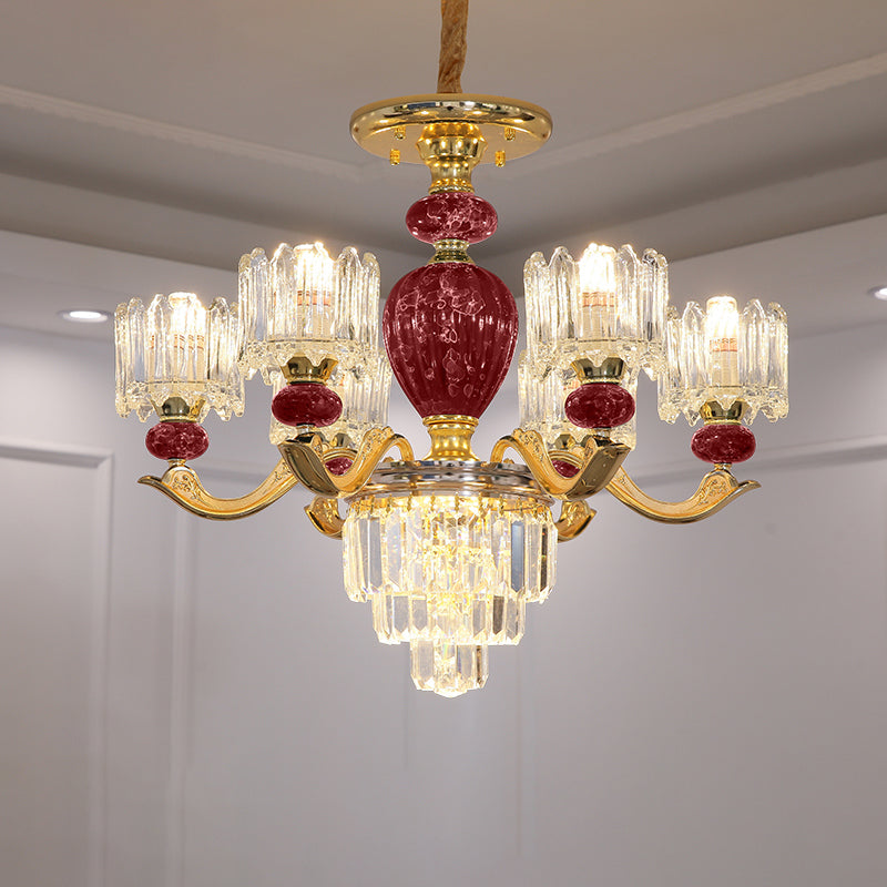 Traditional Urn Hanging Chandelier 6 Bulbs Crystal Hanging Ceiling Lamp in Red/Green with Drum Shade