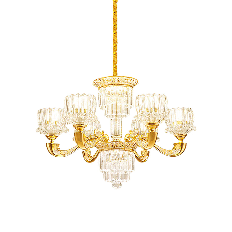 Gold Lotus Suspension Light Contemporary Crystal Rectangle 6/8 Bulbs Living Room Hanging Chandelier