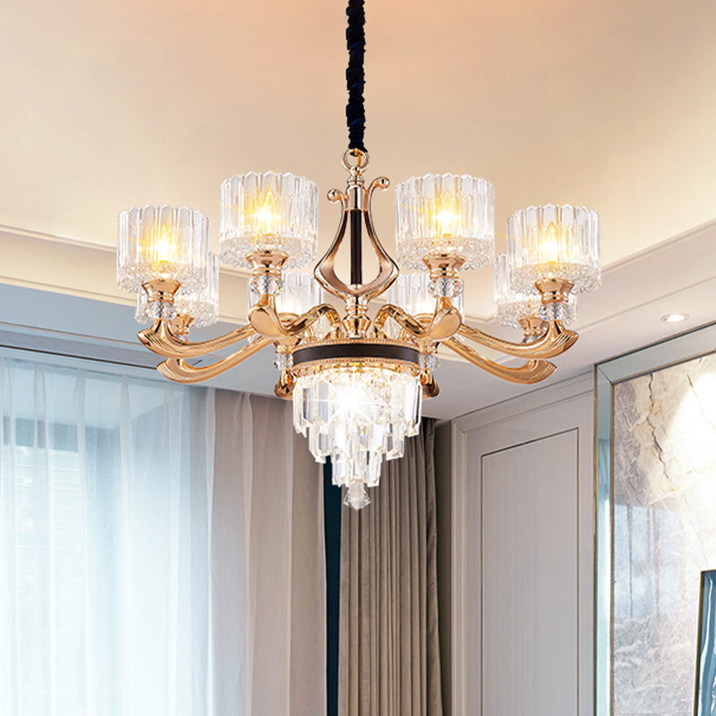 Modernist Drum Ceiling Chandelier 6/8-Bulb Crystal Rectangle Suspension Pendant Light in Black and Gold