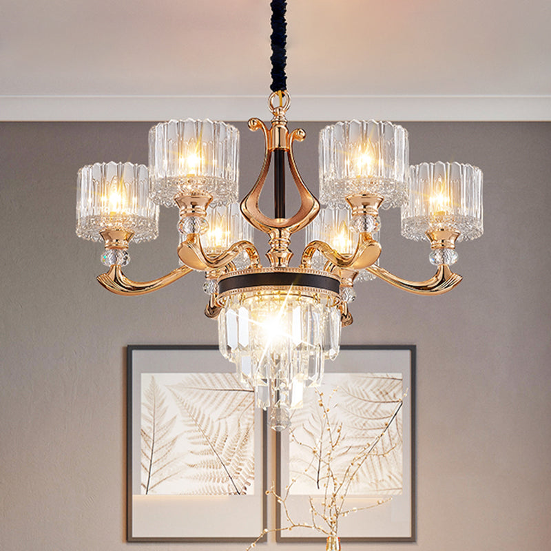 Modernist Drum Ceiling Chandelier 6/8-Bulb Crystal Rectangle Suspension Pendant Light in Black and Gold