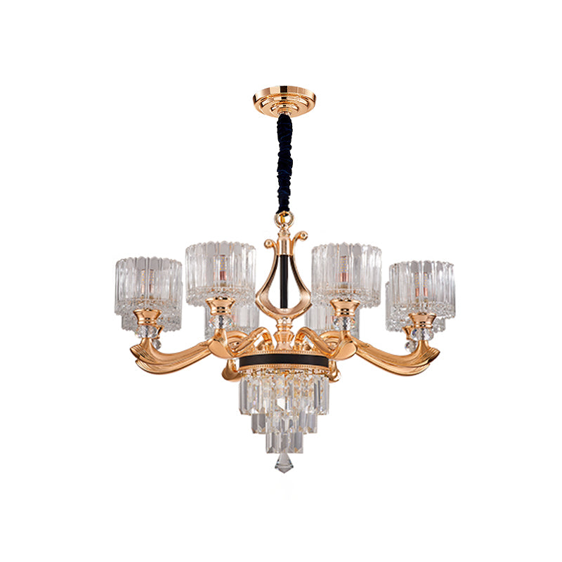 Modernist Drum Ceiling Chandelier 6/8-Bulb Crystal Rectangle Suspension Pendant Light in Black and Gold