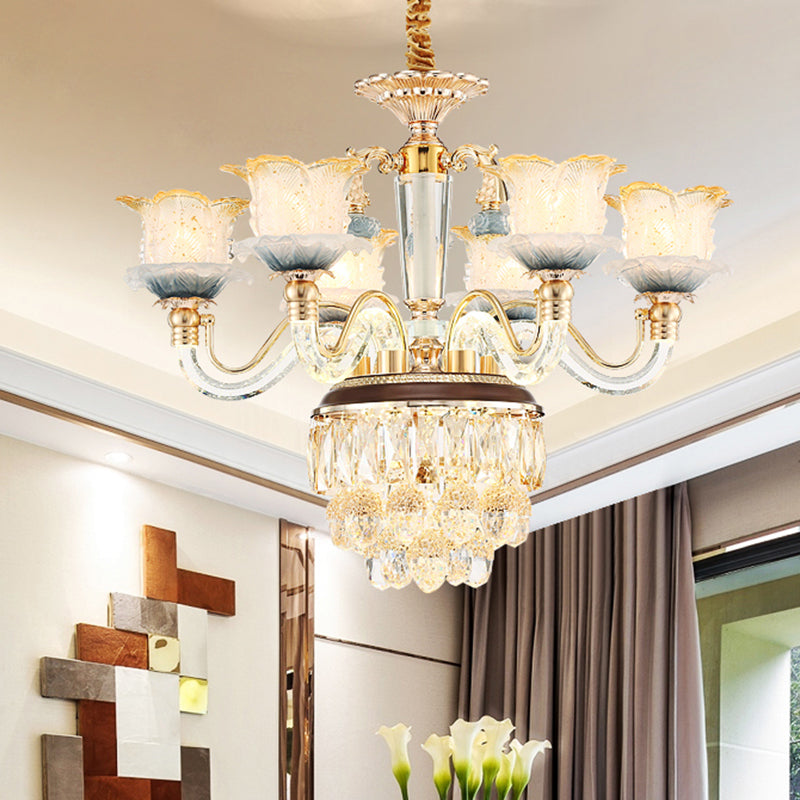 Flower Crystal Hanging Ceiling Light Traditional 8-Bulb Living Room Chandelier Lamp in Gold