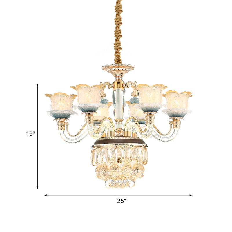 Flower Crystal Hanging Ceiling Light Traditional 8-Bulb Living Room Chandelier Lamp in Gold