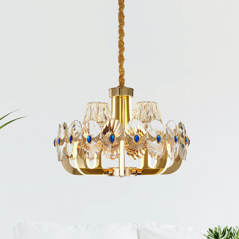 Round Panel Crystal Pendant Chandelier Modernist 8 Bulbs Living Room LED Ceiling Hang Fixture in Gold with Cone Shade