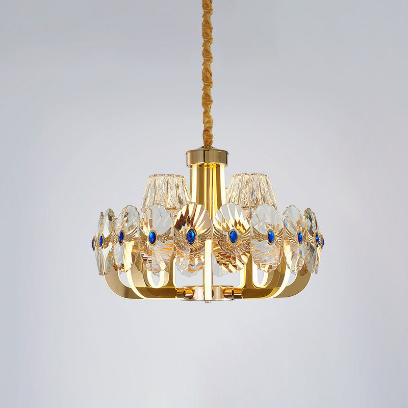 Round Panel Crystal Pendant Chandelier Modernist 8 Bulbs Living Room LED Ceiling Hang Fixture in Gold with Cone Shade