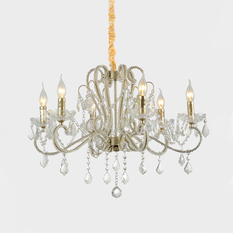 Traditionalisme Candelabra Kroonluchter 6-Bulb Clear Crystal Hanging Light armatuur met metalen gescrolde arm