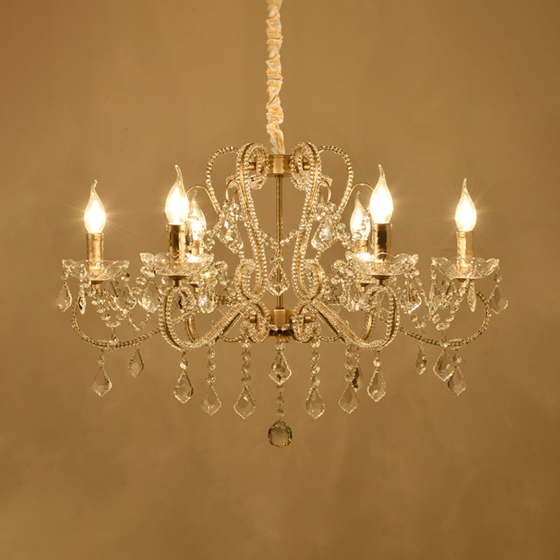 Traditionalisme Candelabra Kroonluchter 6-Bulb Clear Crystal Hanging Light armatuur met metalen gescrolde arm