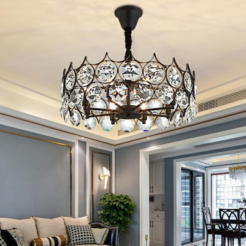 Circle Beveled Crystal Chandelier Traditional 6 Lights Living Room Hanging Ceiling Light in Black
