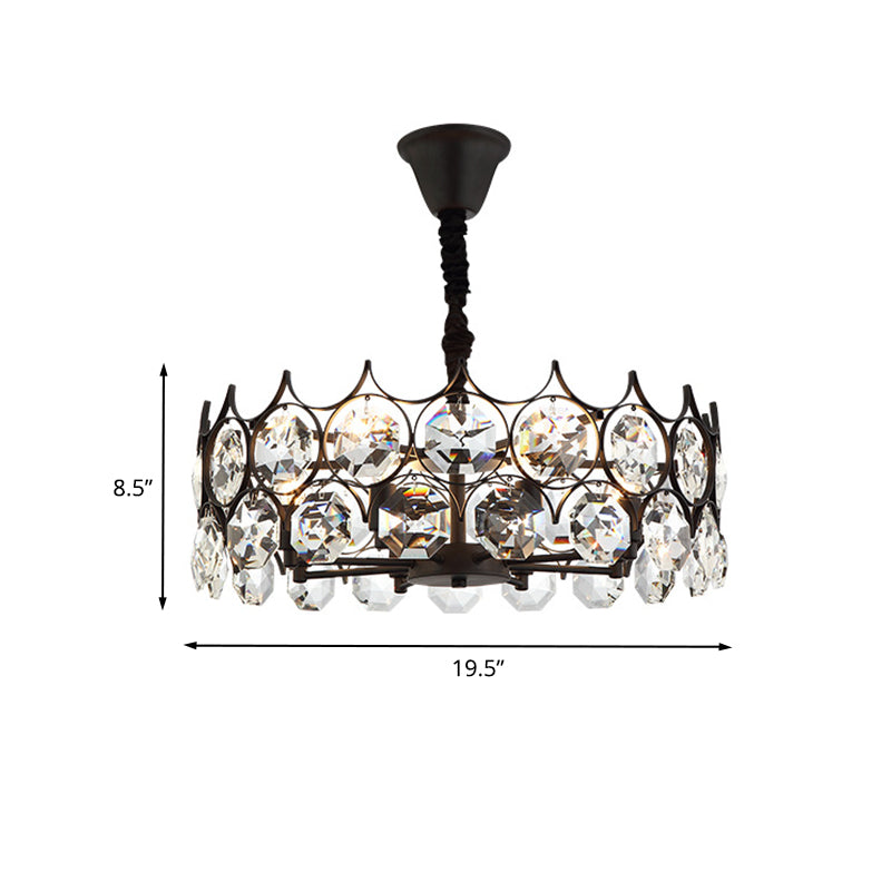 Circle Beveled Crystal Chandelier Traditional 6 Lights Living Room Hanging Ceiling Light in Black