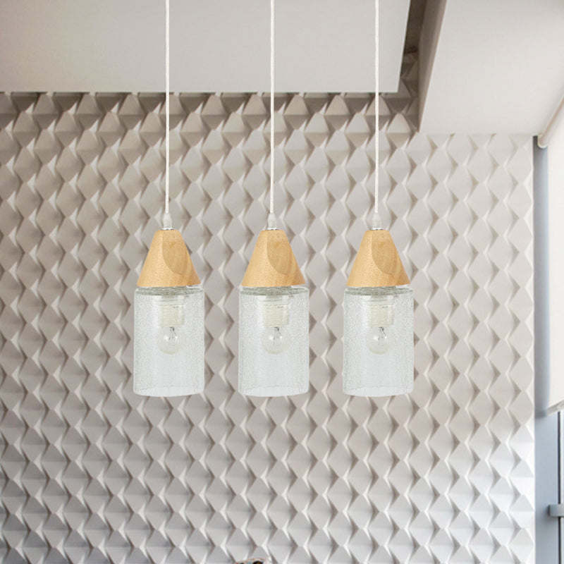 Clear Cracked Glass Tube Multi Light Pendant Modernism 3-Bulb Wood Suspension Lamp for Dining Room