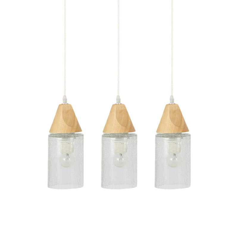 Clear Cracked Glass Tube Multi Light Pendant Modernism 3-Bulb Wood Suspension Lamp for Dining Room