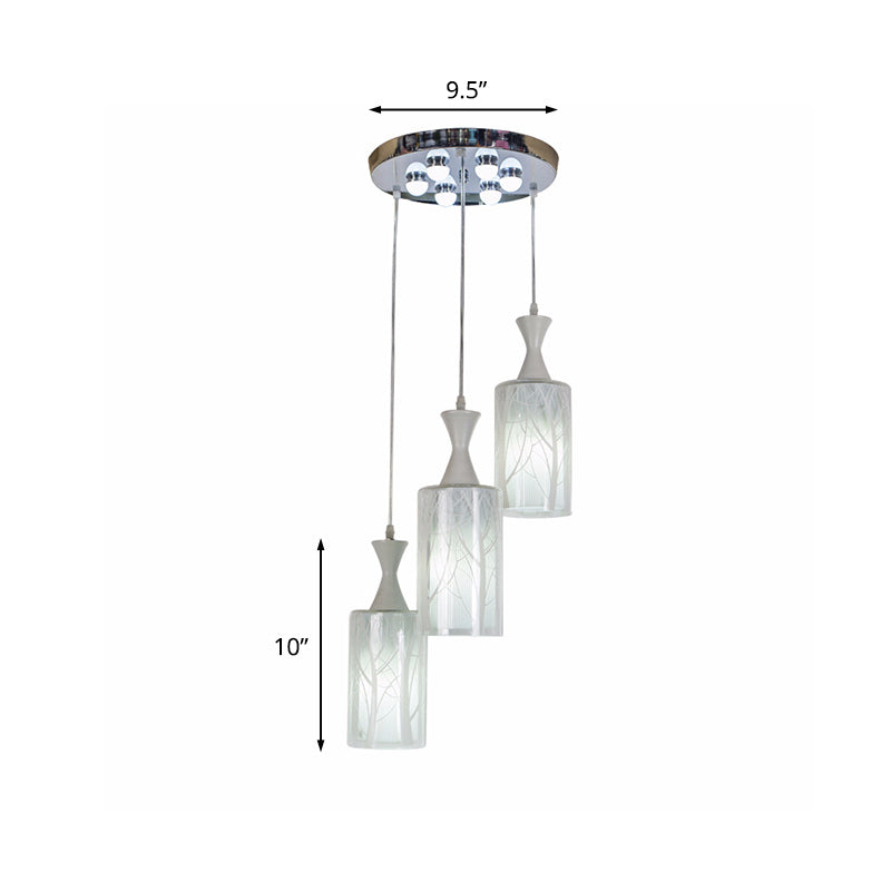 3 Heads Dining Room Multi Ceiling Light Contemporary White Pendant Lamp with Cylinder Patterned Glass Shade