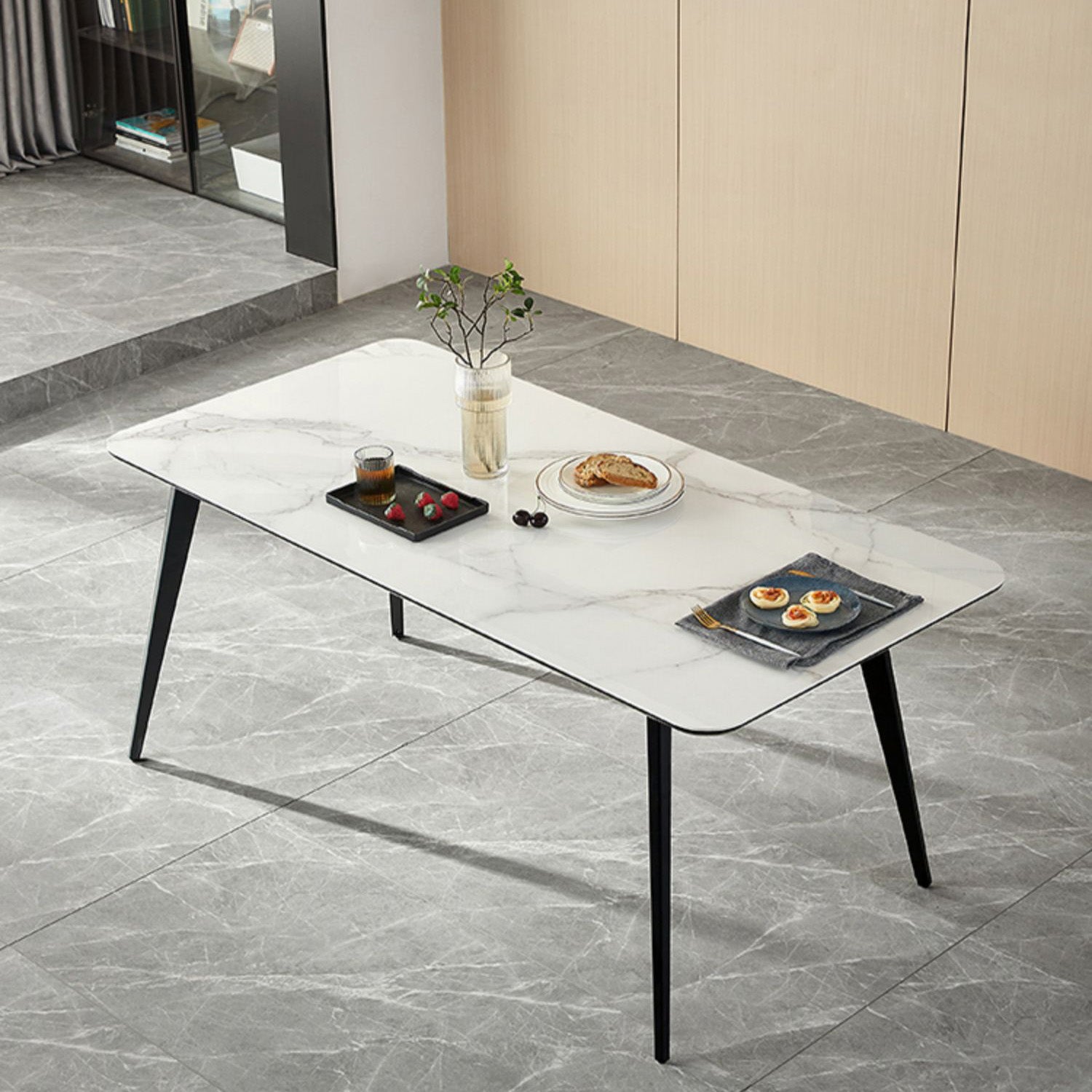 Polished Finish Dinette Table with Metal Legs Stone Top Indoor Dining Table
