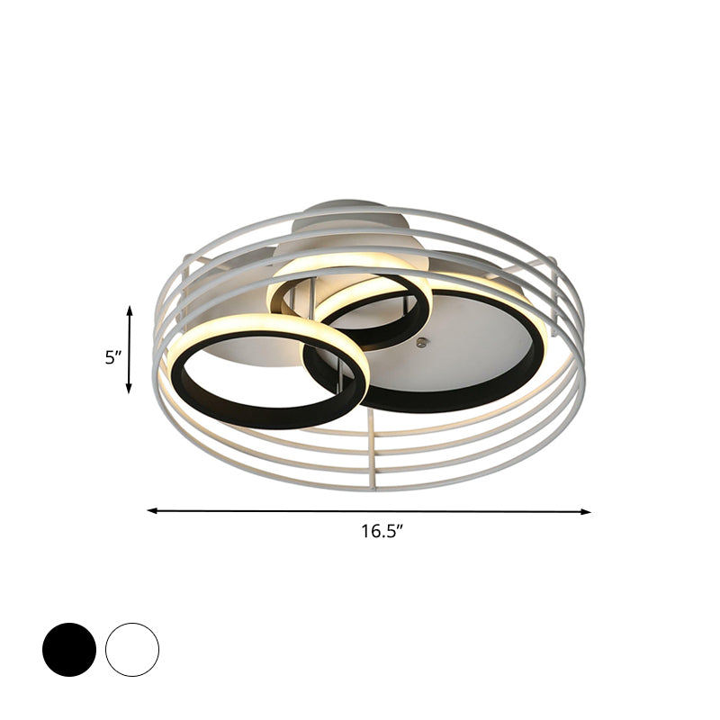 Acrylic 3 Overlapping Rings Flush Light Contemporary 16"/19.5" Wide Black/White LED Ceiling Flush Mount with Drum Cage in Warm/White Light