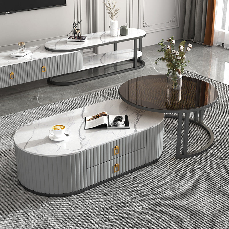 Oval Tropical Coffee Table Slate Storage 2 Nesting Coffee Table Set