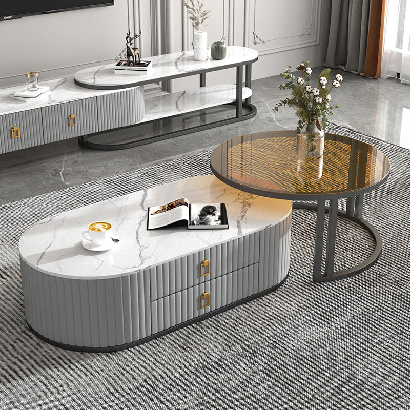 Oval Tropical Coffee Table Slate Storage 2 Nesting Coffee Table Set