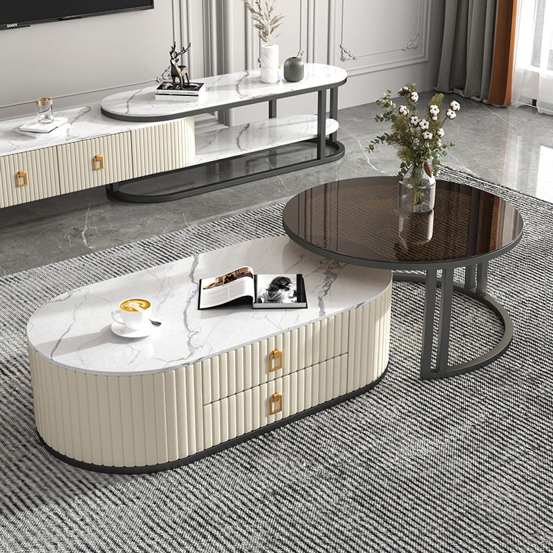 Oval Tropical Coffee Table Slate Storage 2 Nesting Coffee Table Set